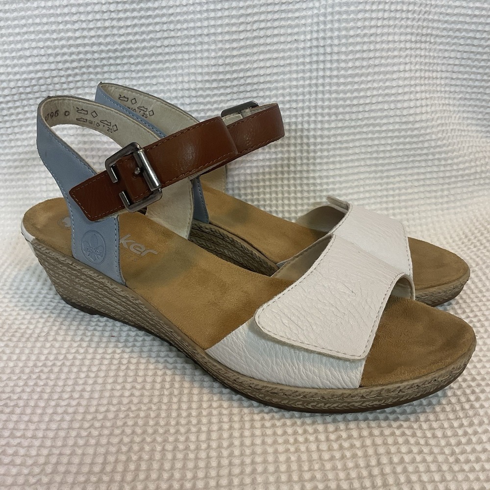 Rieker Women's Fanni 60 Wedge Platform Sandals Size 41/9,5White Blue Ankle Strap